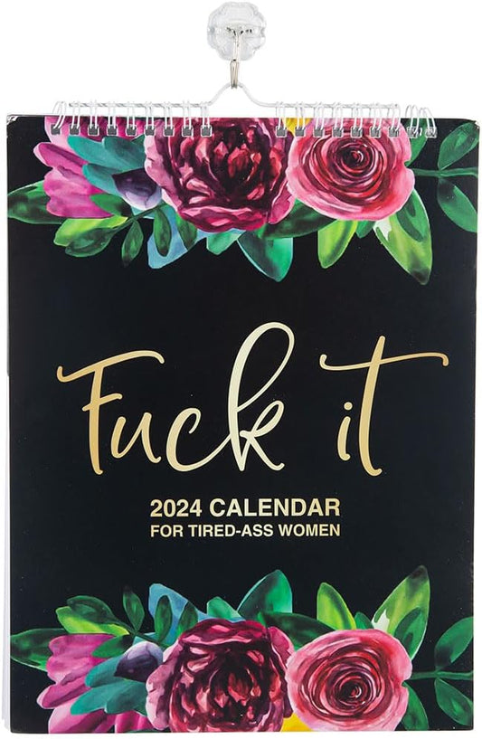 Qinry Fuck It 2024 Calendar Funny Novelty Monthly Calendar Flower Calendar Memo For Tired-Ass Women With Hook Home Office Hanging Calendar
