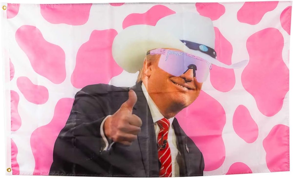 Pink Trump Cow Print Flag Funny Trump Cowboy Hat Flag with Brass Grommets 3X5 Feet Outdoor Banner Polyester Flag
