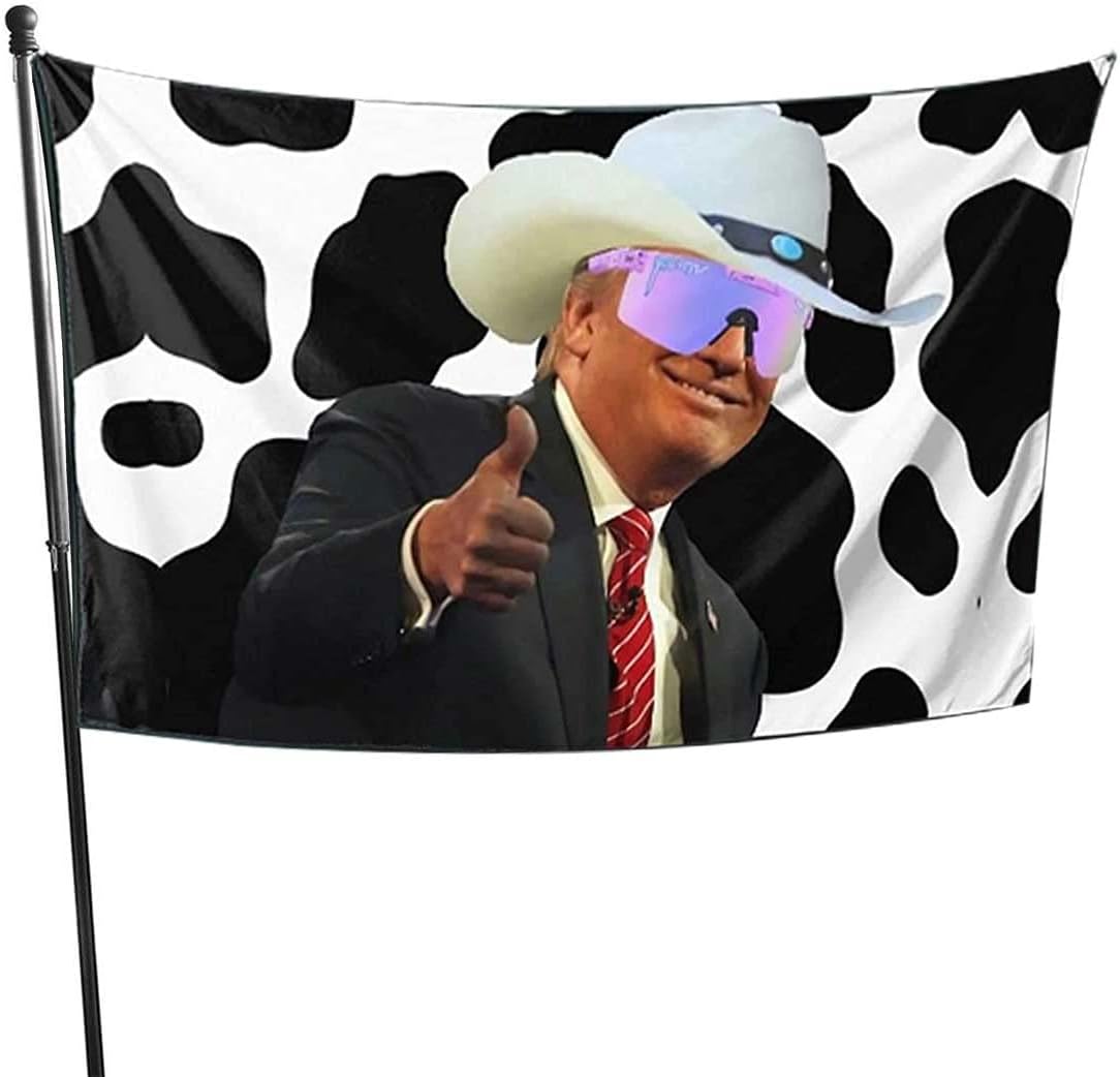 Trump Cow Print Cowboy Hat Flag Funny Home Outdoor Garden Yard Anti-Ultraviolet Fading With Grommets Flag