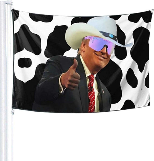 Trump Cow Print Cowboy Hat Flag Funny Home Outdoor Garden Yard Anti-Ultraviolet Fading With Grommets Flag
